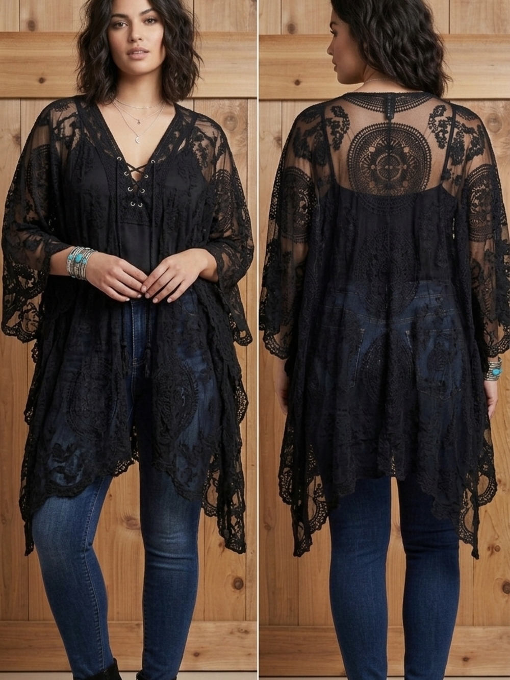 torrid Black Lace Crochet Kimono Tunic With Front Draw String Tassel
